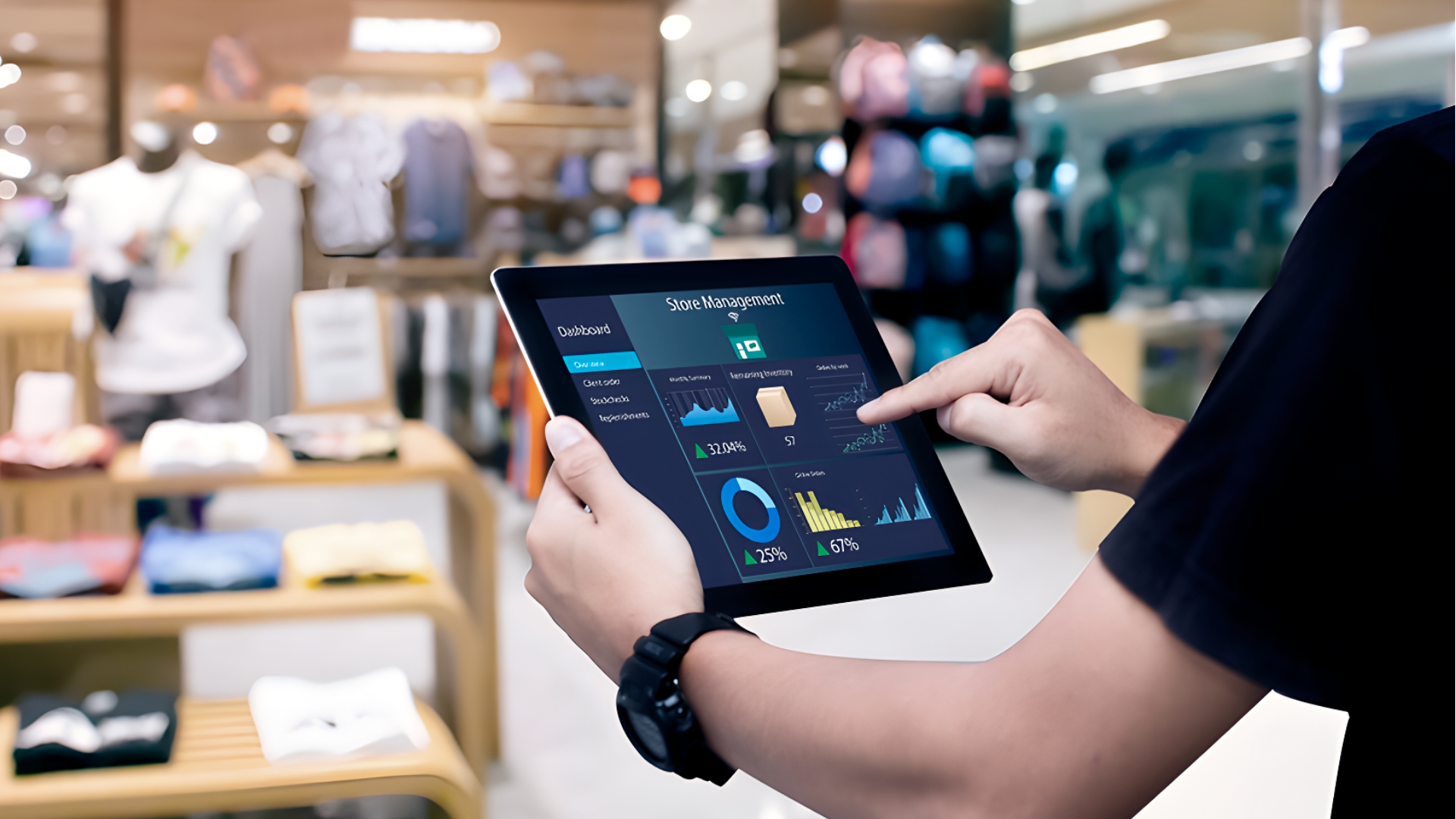 person looking at a report on tablet to analyze store measurement