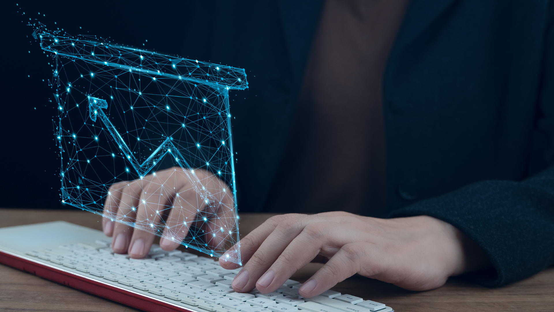 sales forecasting with a futuristic report hovering over a keyboard