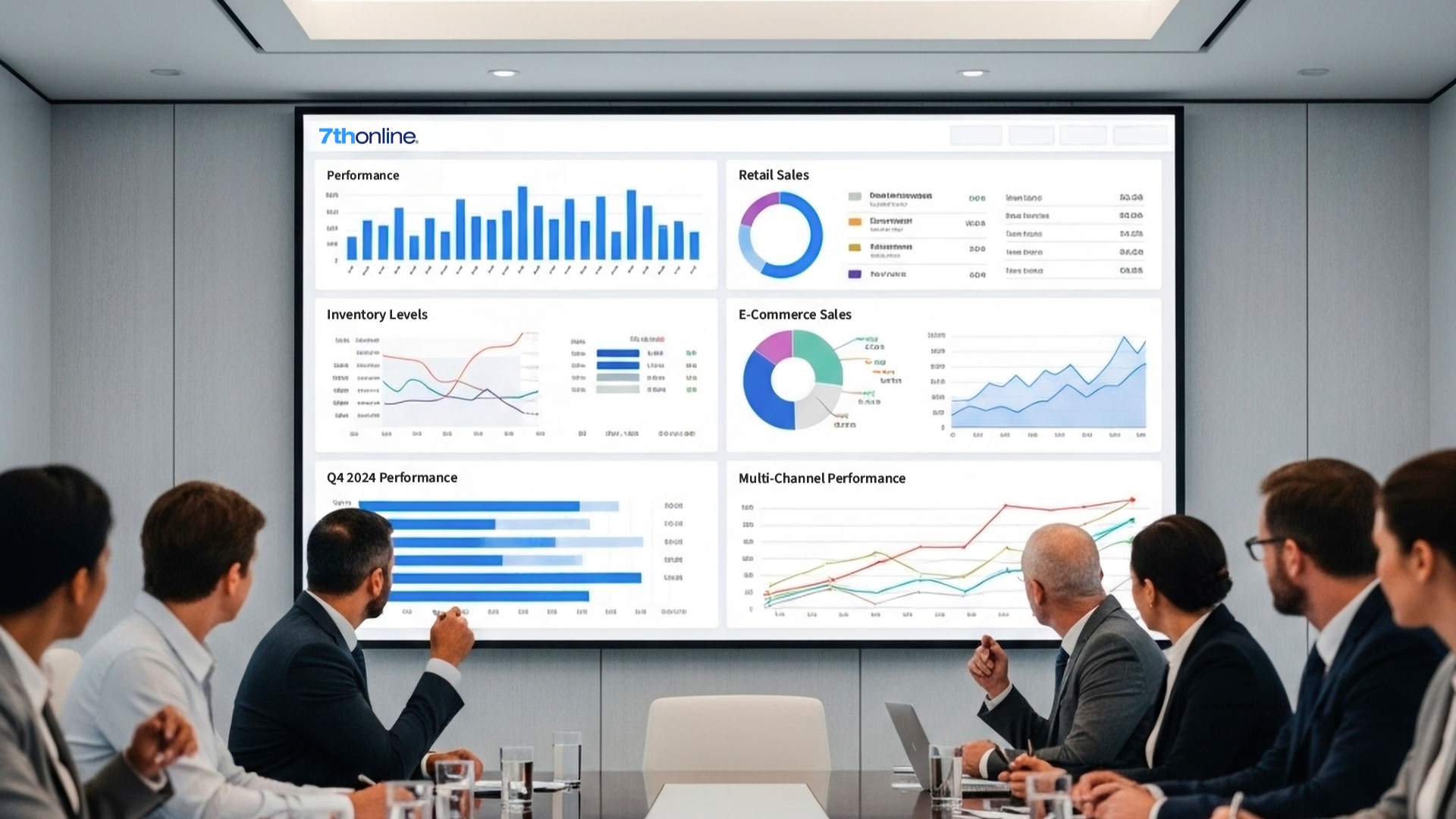retail business meeting looking at a 7thonline dashboard with reports on performance, ecommerce sales, inventory levels and more
